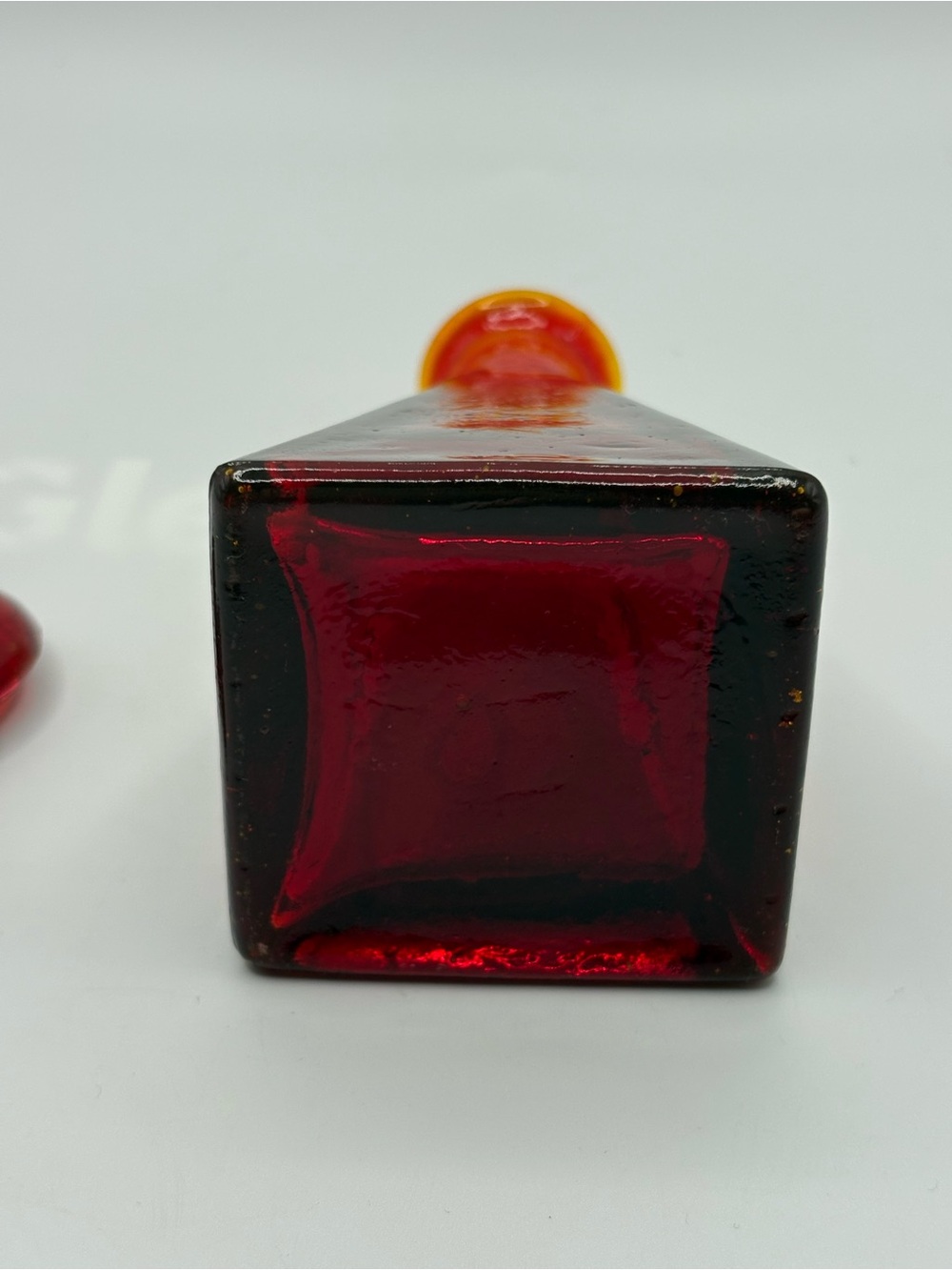 VTG Ruby Red Art Glass Bottle W/ Heart Shaped Stopper Triangle Base Glows 6.5” - Picture 10 of 16